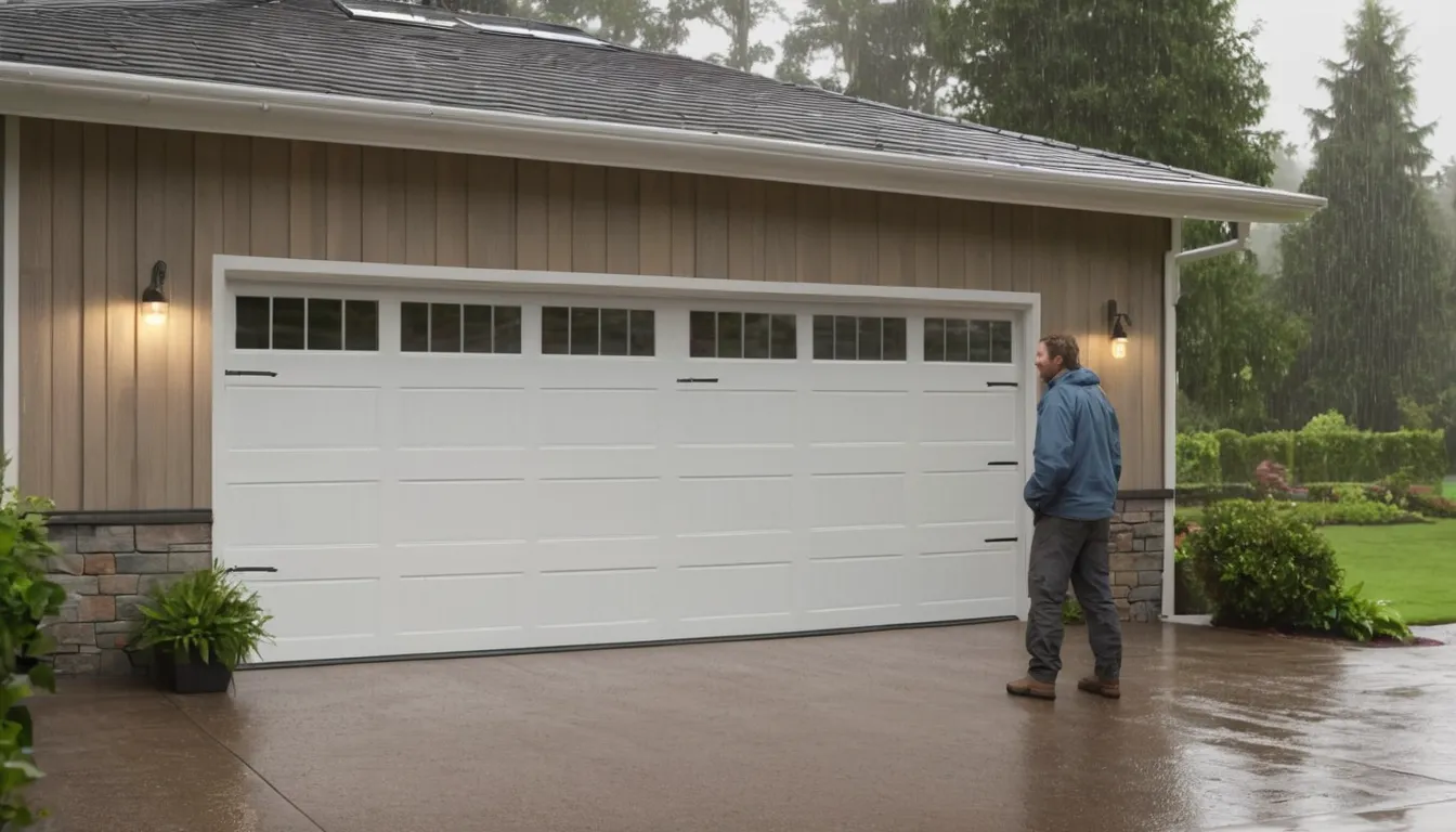 Independent provider fitting a new garage door on a home in Tacoma as a homeowner looks on
