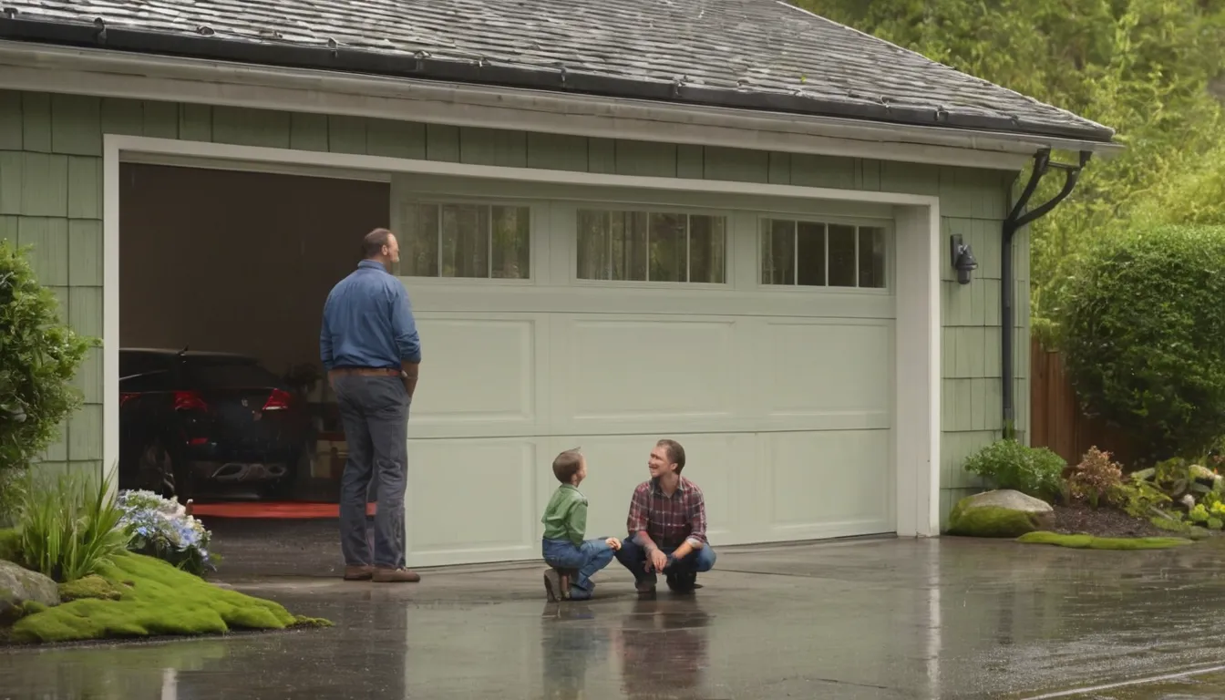 Friendly garage door provider checking the track of a home garage door in the Tacoma area on a rainy morning